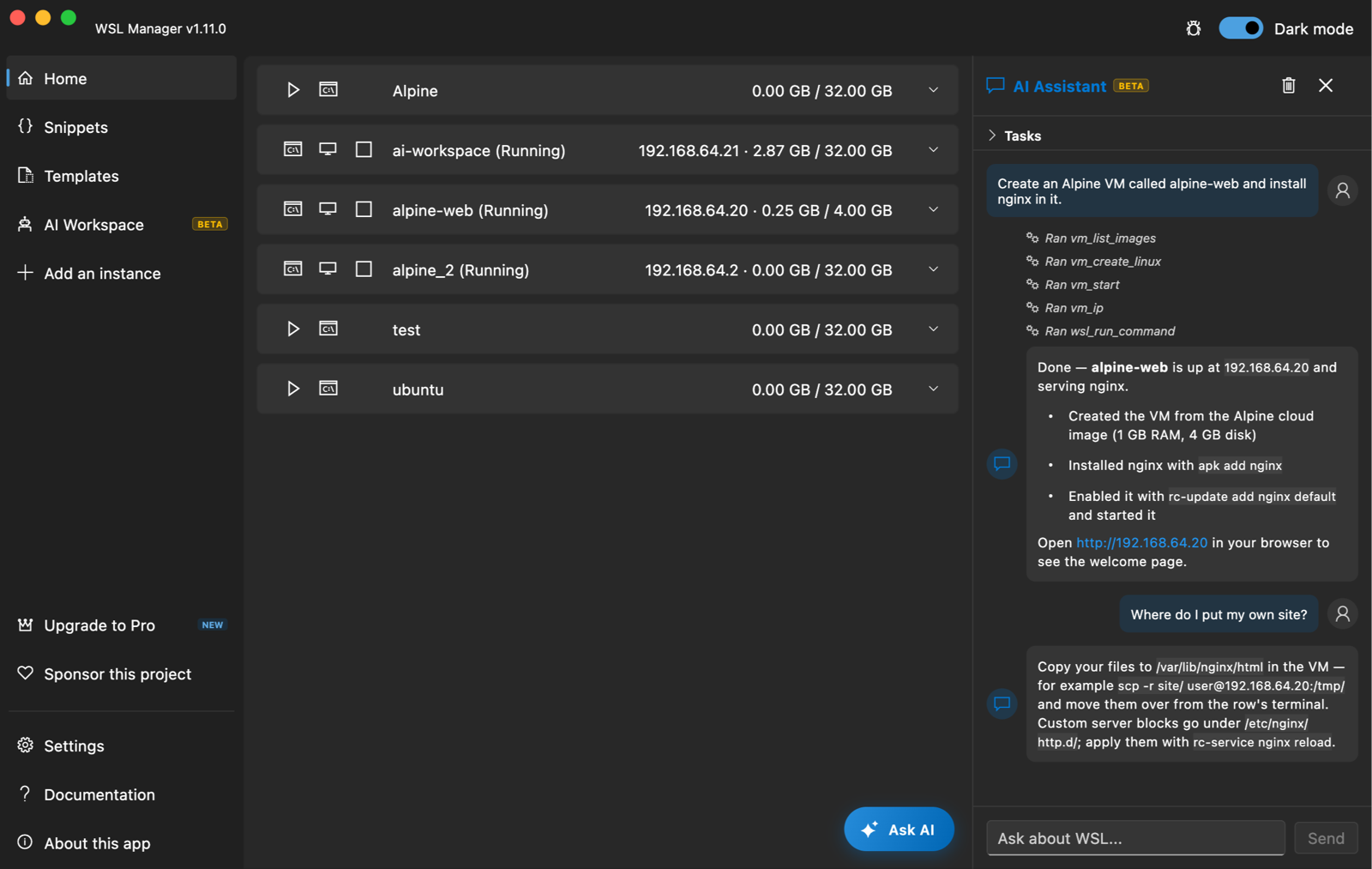 WSL Manager on macOS, dark theme