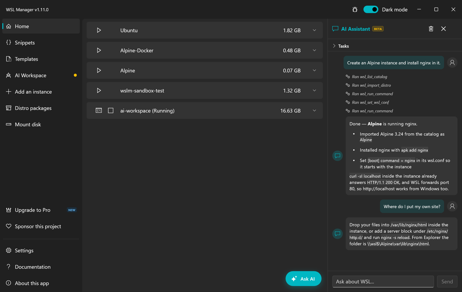 WSL Manager on Windows, dark theme